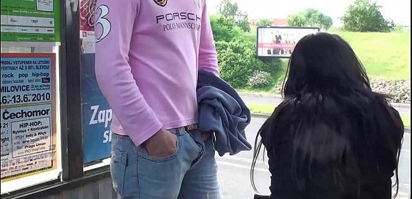  Crazy risky public sex threesome at a bus stop with a hot girl with big tits